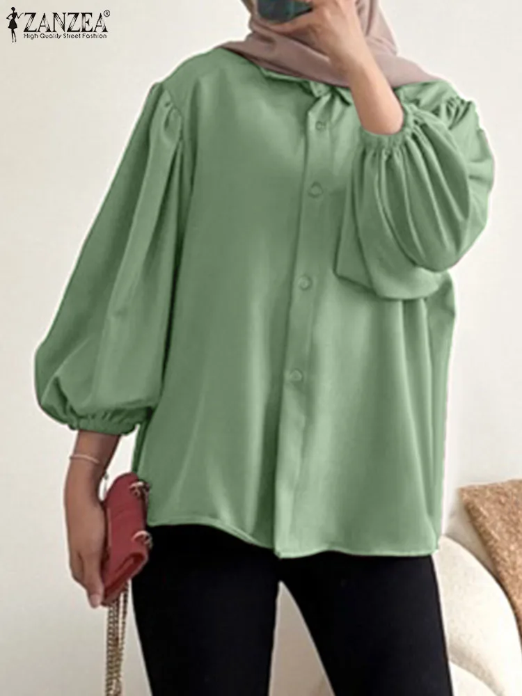 

Muslim Fashion Women Long Sleeve Blouse Autumn Elegant Tops Casual Lapel Solid Shirt ZANZEA Islamic Clothing Turkey Abaya Blusas