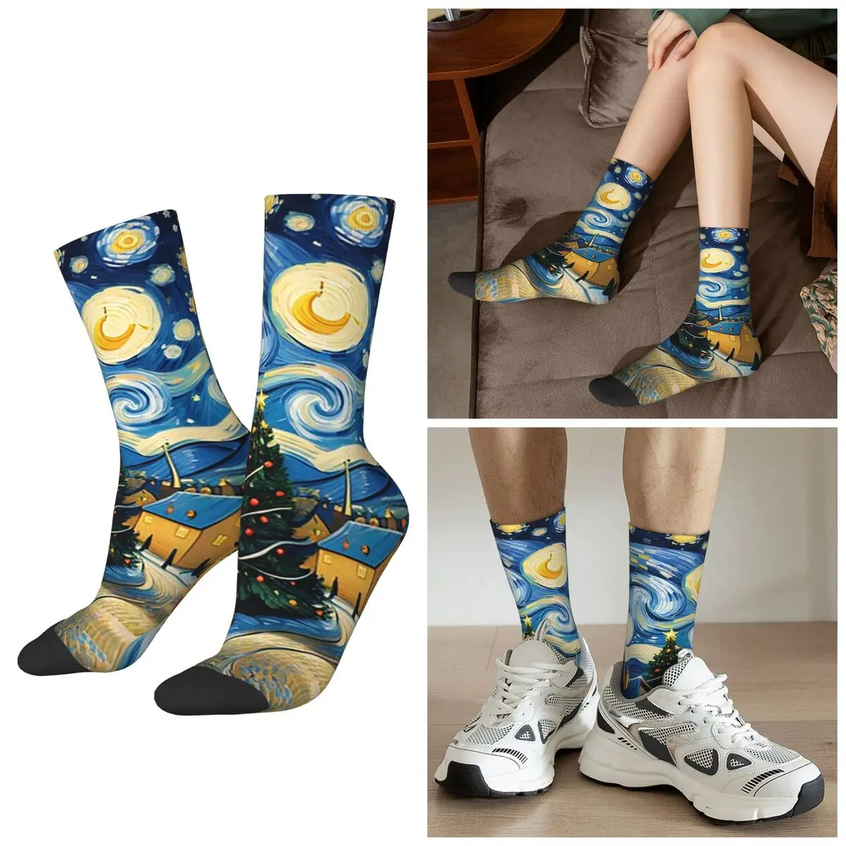 

All Seasons Christmas Eve Santa Claus Van Gogh Style Socks Harajuku Sport Middle Tube Socks Super Soft Stockings for Men Women