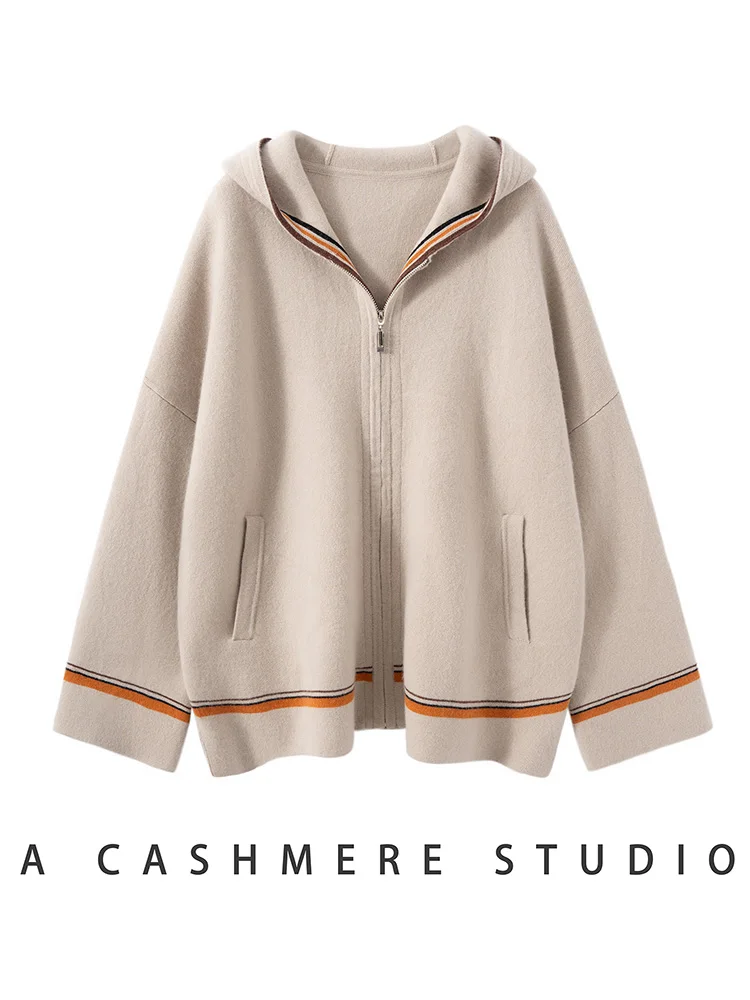 

Высококачественный женский 100% кашемировый свитер, толстый кардиган на молнии с цветными блоками и капюшоном, осенне-зимний кашемировый трикотаж, повседневный стиль