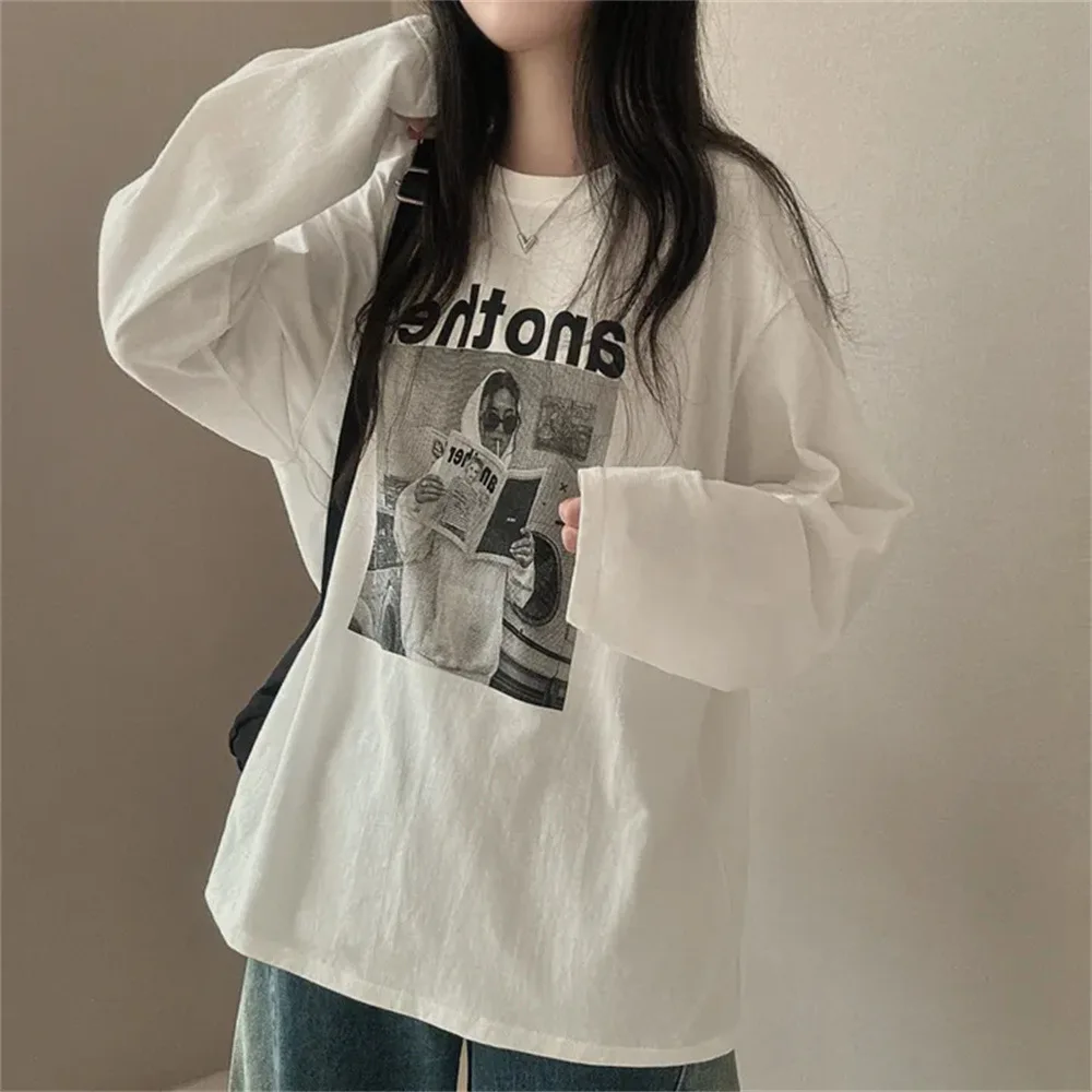 Women Fashion Rap Vintage Design Tees 2024 Streetwear Cotton Loose Autumn T-shirt Hip Hop O Neck Top Oversized T Shirt