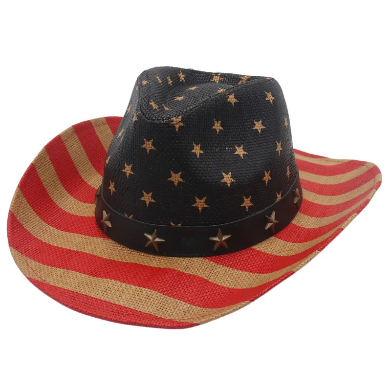 American Style Distressed Waterproof Cowboy Hat with Stars and Stripes Curved Brim Straw Hat with Chin Strap for Horse Riding - Detail 1