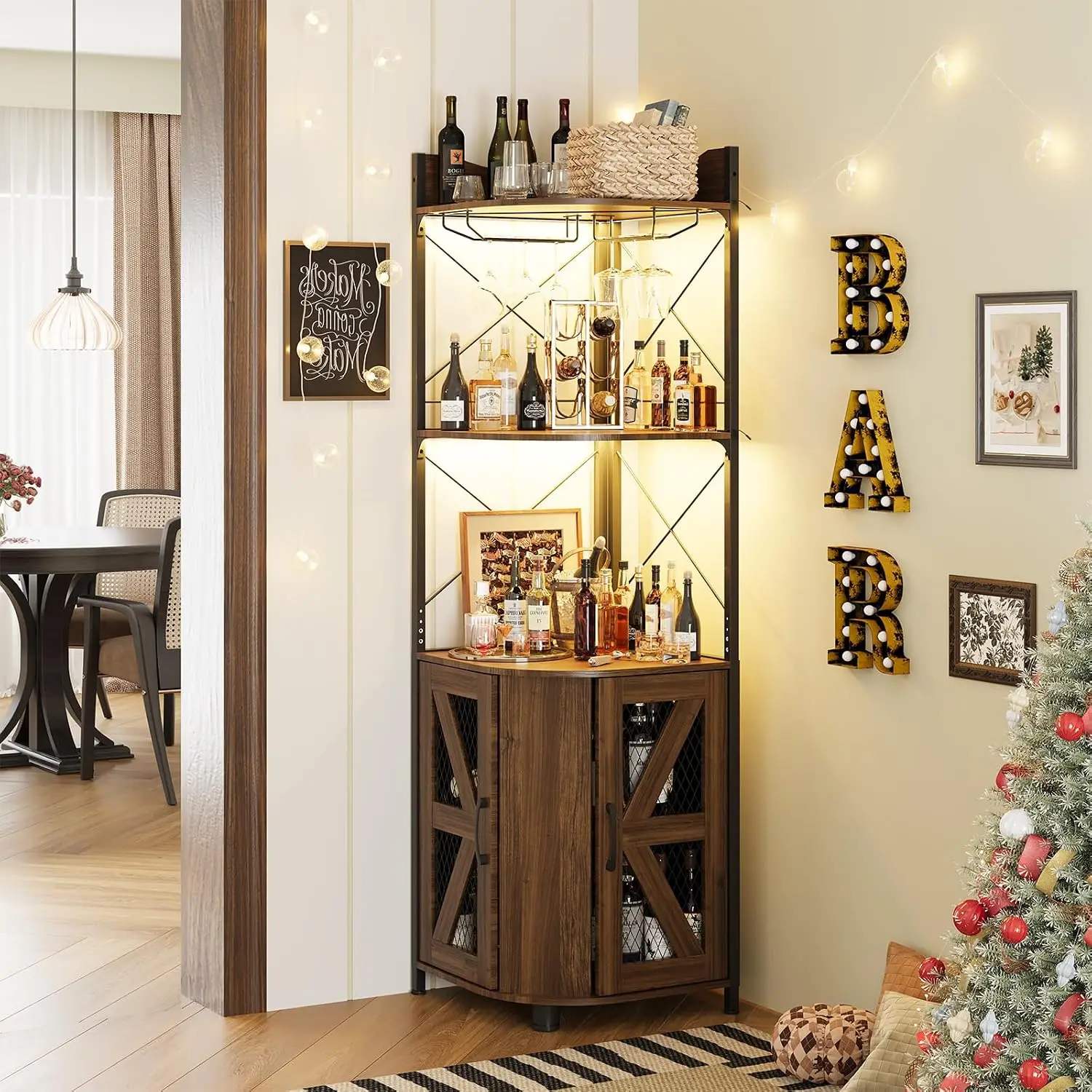 Industrial Bar Cabinet with LED & Power Outlet, 5-Tier Wine Storage with Glass Holder, 63 Inch Corner Liquor Cabinet, Customized