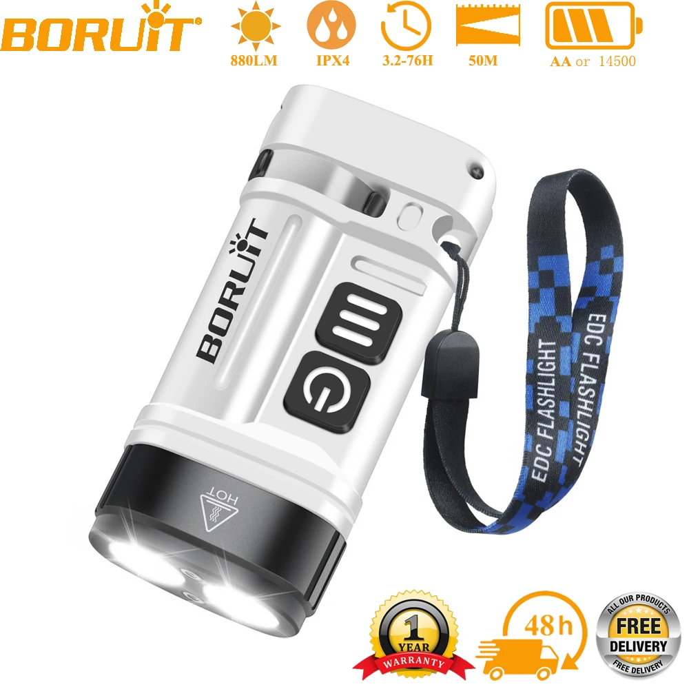 BORUiT U10 LED EDC Flashlight 880LM Super Bright Torch with Magnetic Work Light Use AA or 14500 Battery Camping Pocket Lantern
