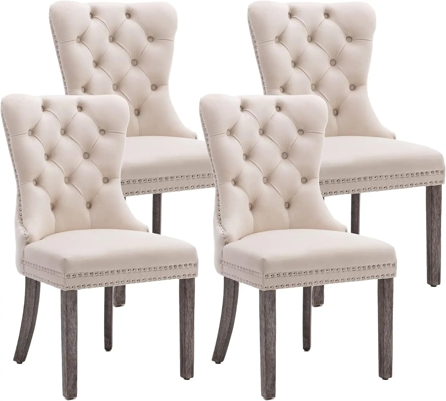 Velvet Dining Chairs Set of 4, Upholstered High-end Tufted Dining Room Chair with  Back Ring Pull Trim Solid Wood Le