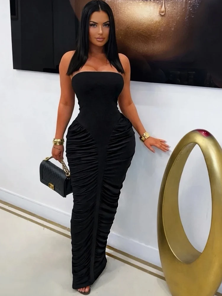 Beyprern Elegant Orange Ruched Maxi Dress For Women Sexy Strapless Tube Top Bodycon Long Dress Night Clubwear Outfits Vestidos - Image 3