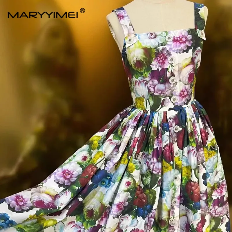 MARYIMEI 여성용 빈티지 프린트 포플린 슬립 원피스, 단추 장식 꽃 무늬 우븐 코튼, 스트랩리스 원피스, 여름, 새로운 패션