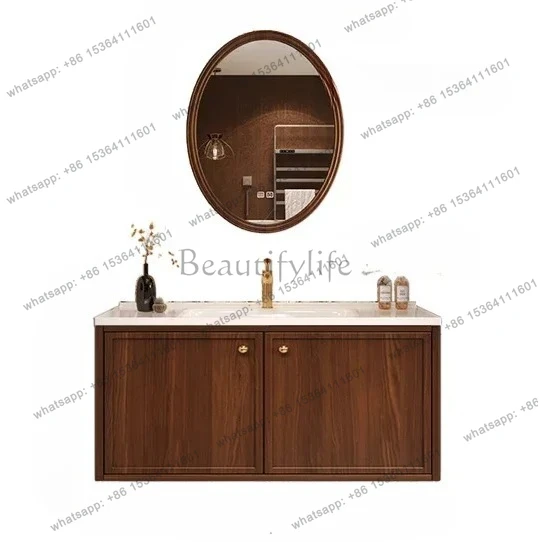 

Medieval walnut bathroom cabinet Corian integrated rock slab seamless ceramic hand wash basin