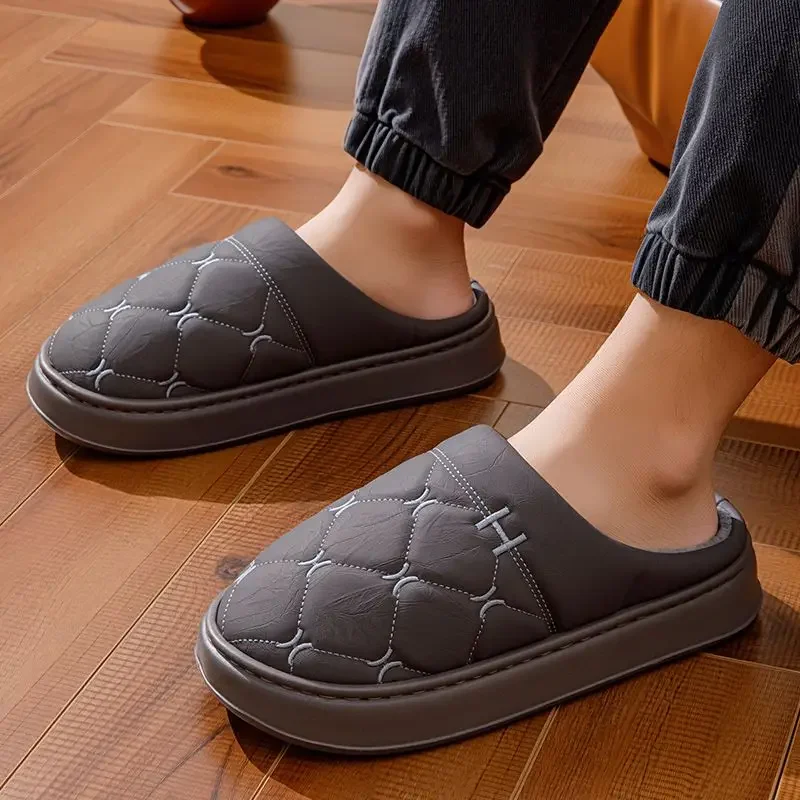 Men 2026 Winter Leather Cotton Slippers Warm Fleece Thick Sole Indoor Home Non Slip Big Size