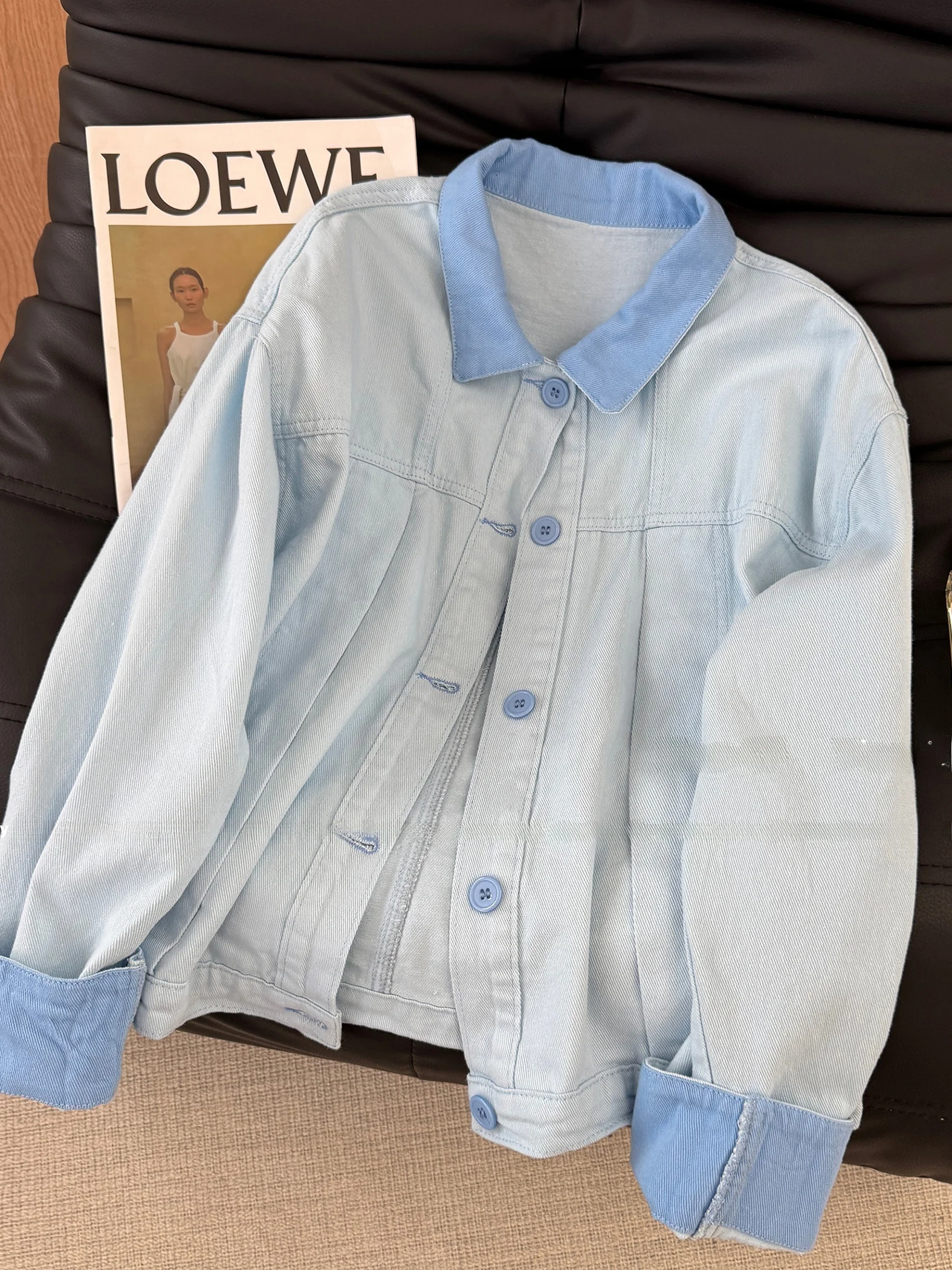 

Ele повседневное корейское свободное джинсовое пальто с цветочным воротником и воротником-стойкой, женское весенне-осеннее модное верхнее женское пальто