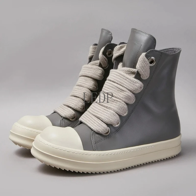 

Fashion Brand Men Shoe Casual High Top Women Sneaker Quality Gray Designer Leather Zipper Jumbo Lace Up Flat Platform Ankle Boot