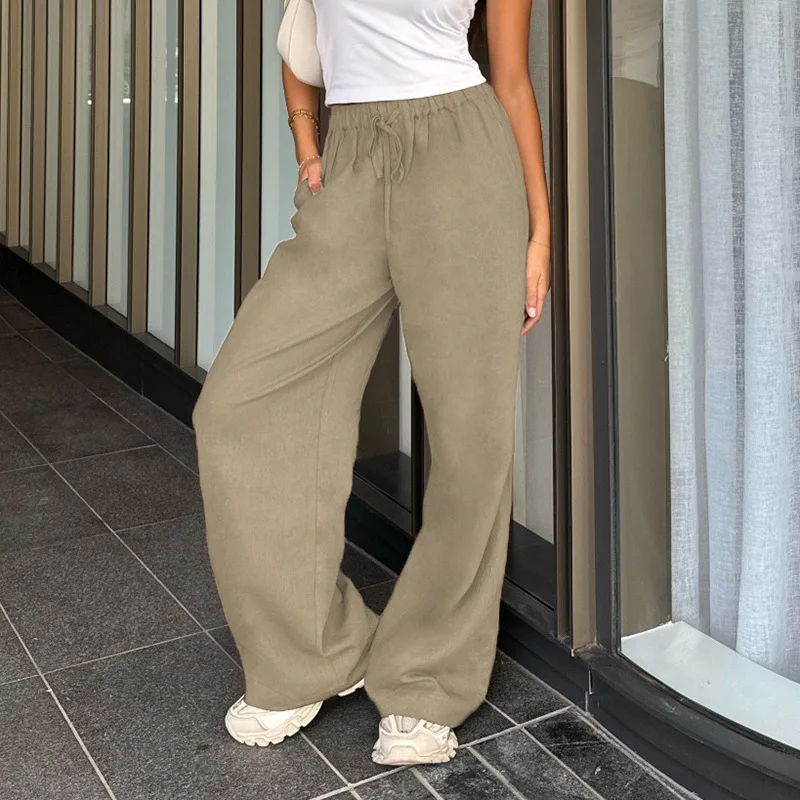 Cotton and linen drawstring straight tube basic solid color wide leg hanging feeling spicy girl casual pants summer style