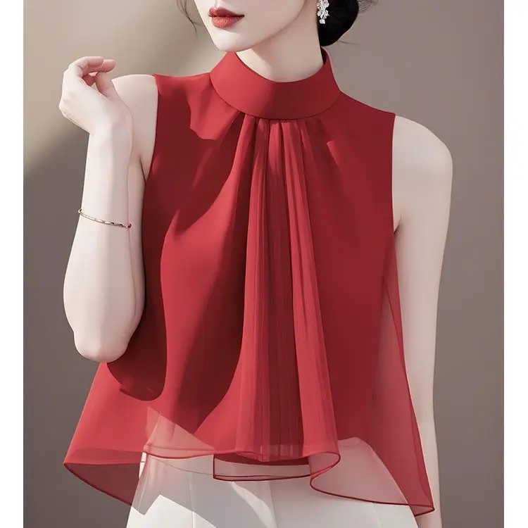 Sleeveless Chiffon Tank Top for Women Summer Stylish and Elegant High End Unique Neck Hanging Top