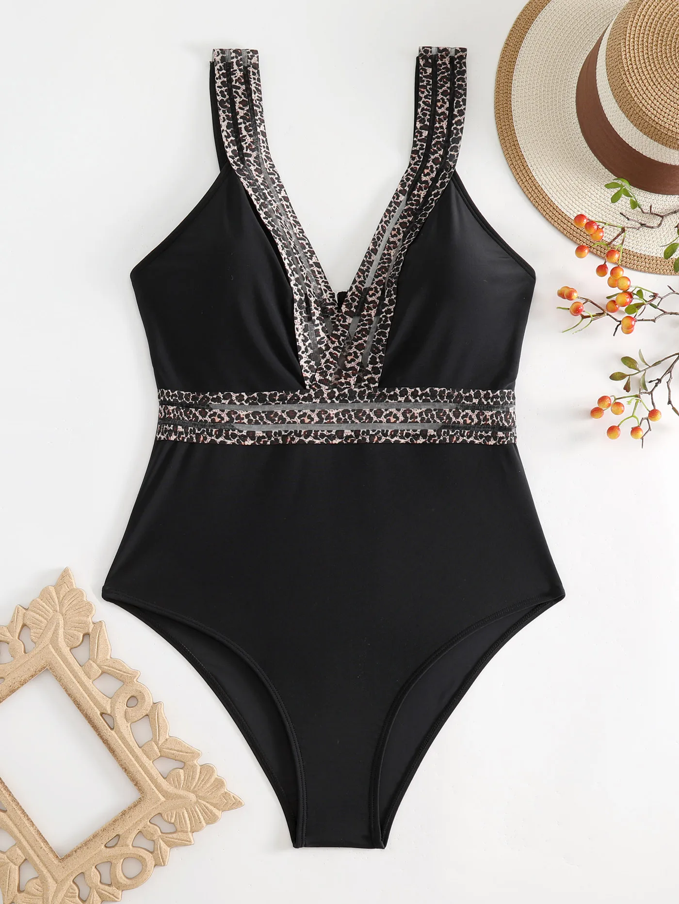 Black Leopard High Waist Bathing Suit Ladies One Piece Swimsuit Women 2024 Halter Swimwear Push Up High Leg Beach Wear Suits image 3