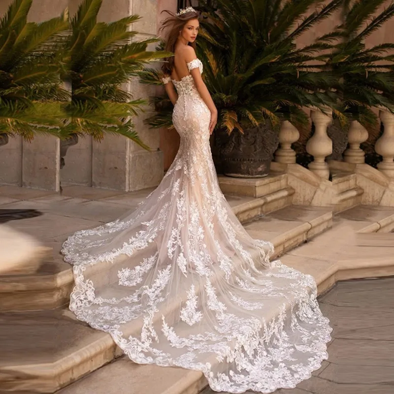 Customized Sexy Mermaid Lace Wedding Dresses Sweetheart Off The Shoulder Bride Gowns With Train Backless Button Robe De Mariée