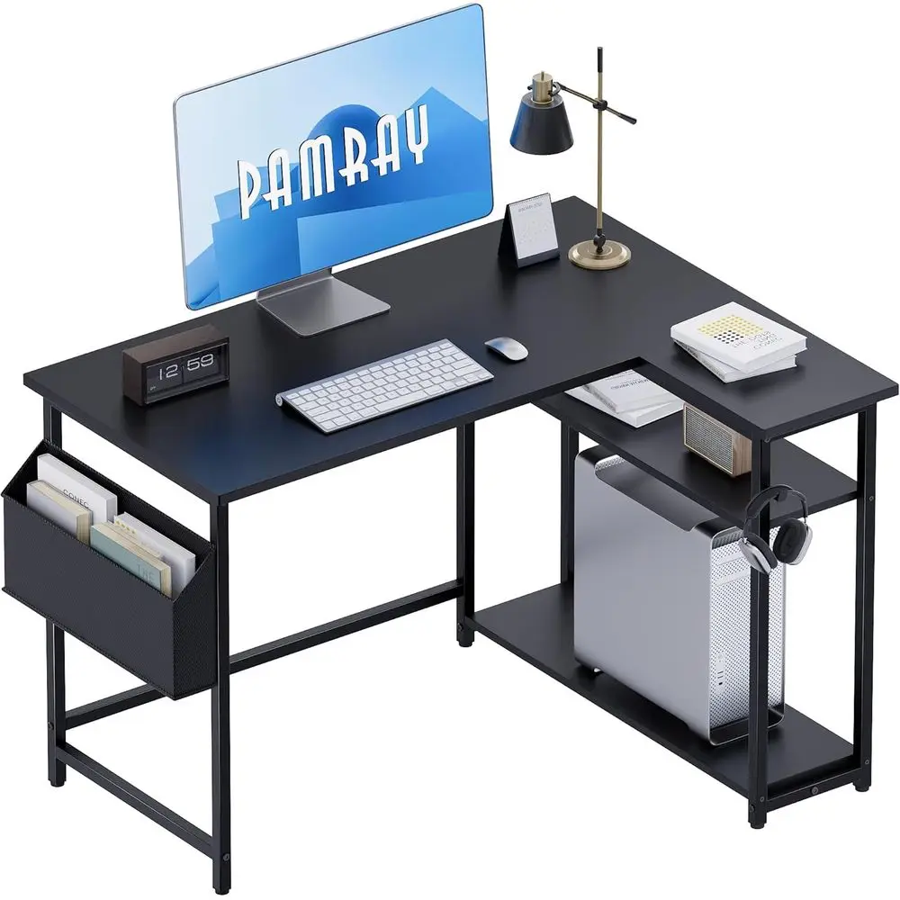 

40 L-Shaped Desk with Reversible Shelves for Small Home Office, Study, or Bedroom - Black
