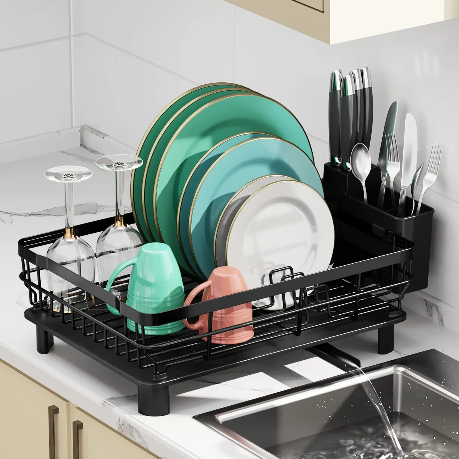 

Metal Dish Drying Rack for Kitchen Counter,Dish Drainer,Removable Utensil Holder,Drainboard,Swivel Spout,Sink Organizer