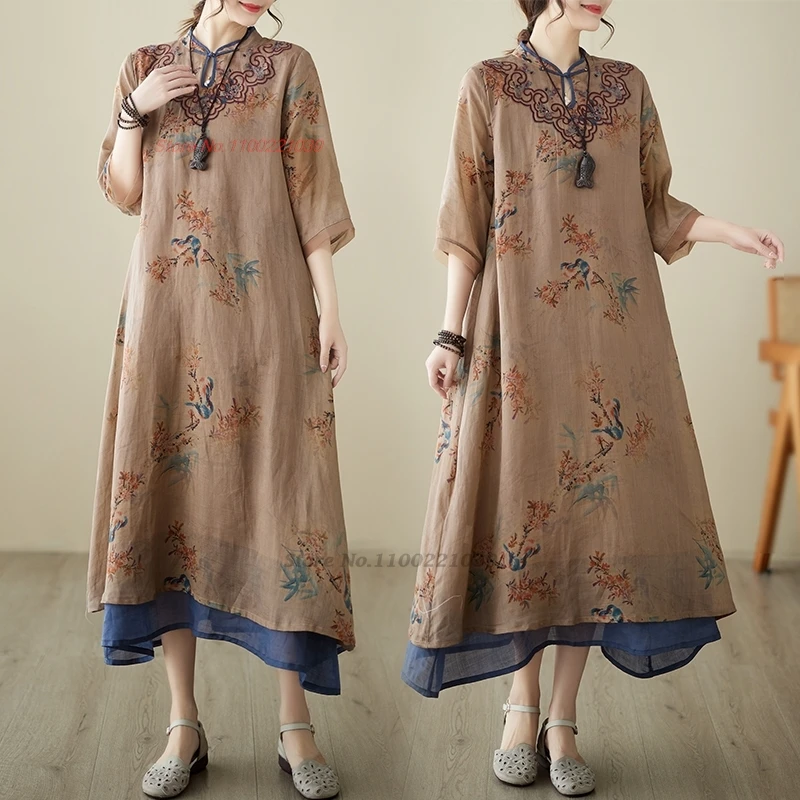 

2024 chinese vintage dress improved a-line cheongsam national flower print embroidery dress qipao oriental folk dress qipao