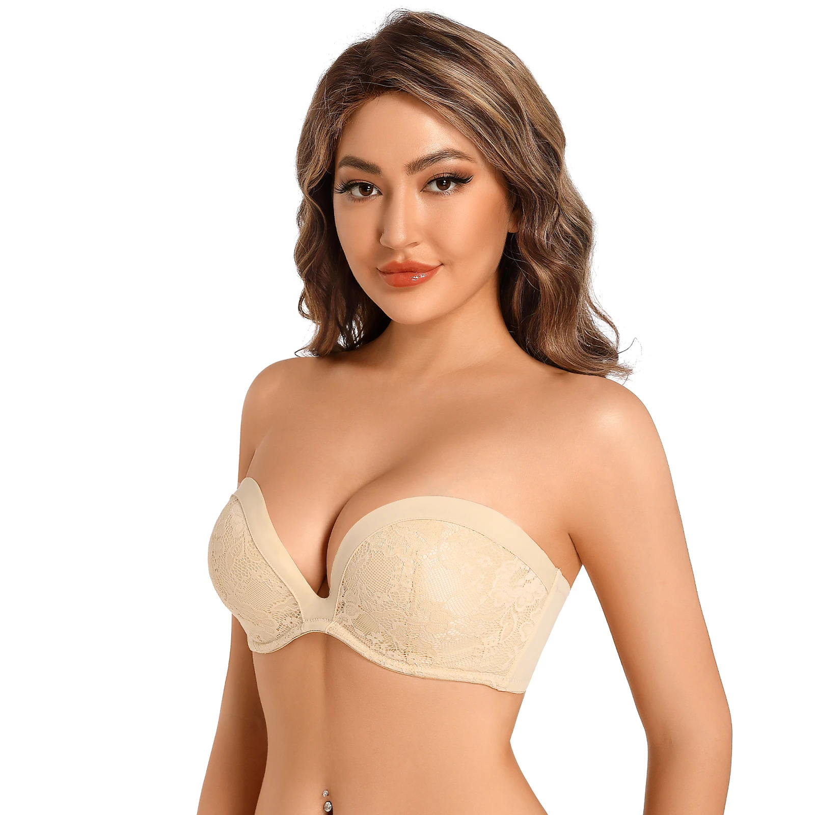 Neue trägerlose BHs für Frauen 1/2 Tassen Plunge Anti-Rutsch Sexy Dessous Multiway Spitze Bralette Hochzeit Unterwäsche Draht BHs