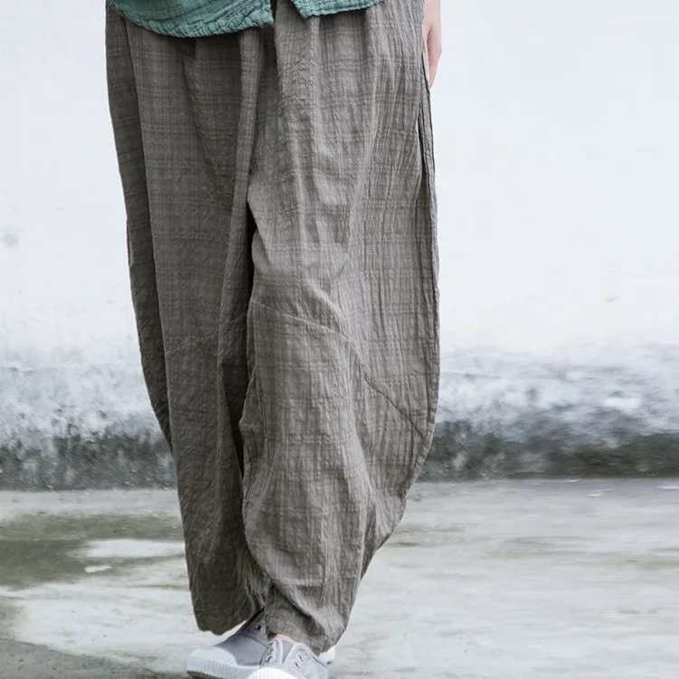 

Neutral literature and art spring and summer cotton and linen soft and comfortable blue plaid casual wide-leg pants fashionable