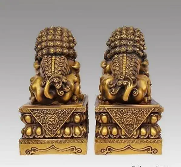 Copper statue Big Large Pair BRASS Chinese Lion Foo Dog Statue Figure Sculpture Black yellow 10