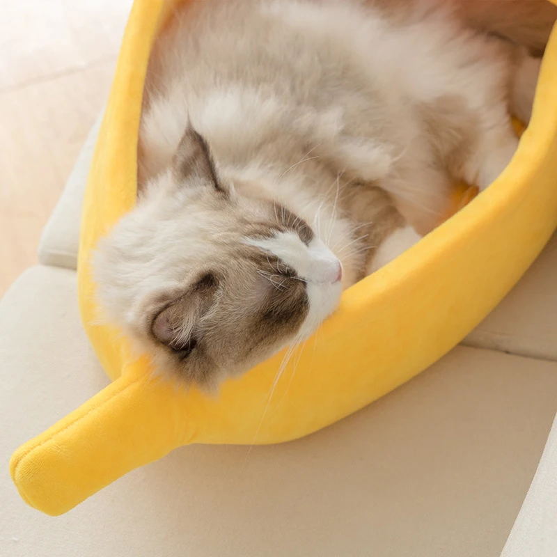 Banana gato cama casa engraçado bonito aconchegante gato esteira camas quente durável portátil pet cesta canil cão almofada gato suprimentos multicolorido