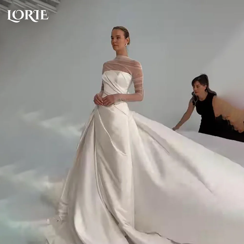 

LORIE Muslim Wedding Dress Shiny Long Sleeve Satin Bridal Gown Customized High Collar Floor Lenth Bride Dress Saudi Dress Dubai