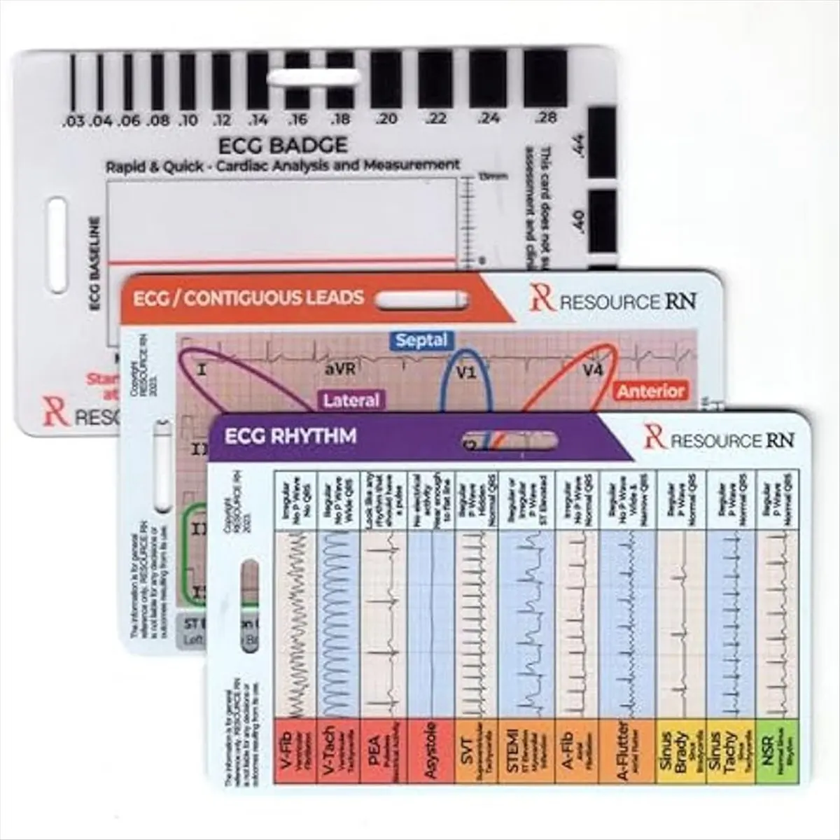 Exquisite- Ekg Badge Card Set -3Pcs Quick Reference For 12-Lead Stemi, Cardiac Rhythms & Intervals (Vertical/Horizontal)-image