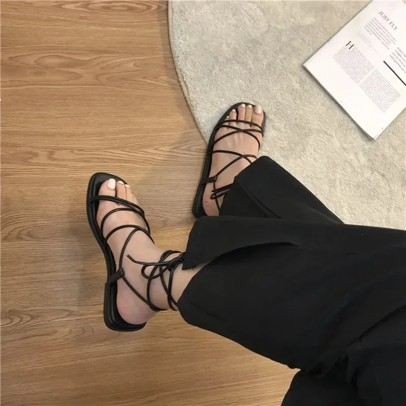 Sandals Women Summer New 2024 Beach Fashion Sexy Flat Casual Cross-Tie Open Toe Fairy Style Narrow Band Shoes Black Rome Sandals