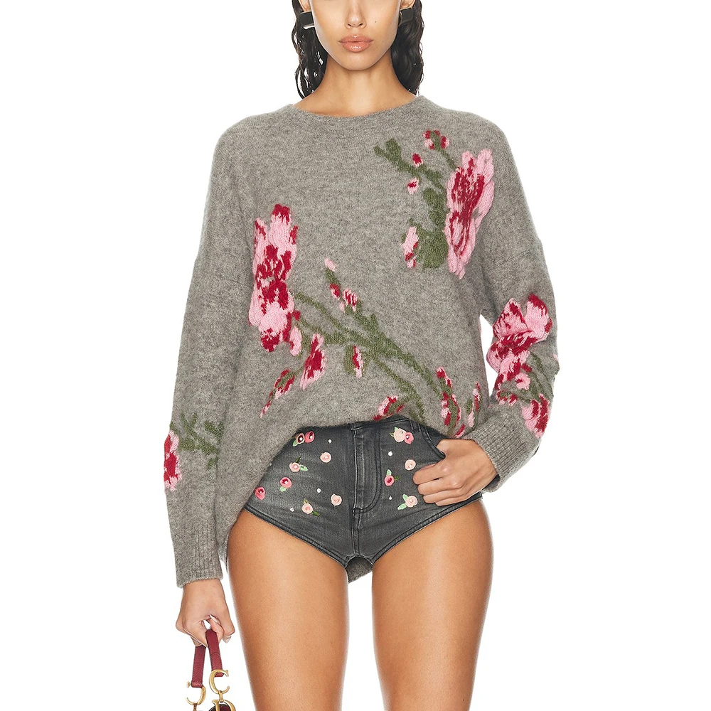 Wool Blend Women's Sweater Y2k Rose Jacquard Retro Loose Commuter Round Neck Long Sleeve Knit Top Pullover 2025 Early Spring New