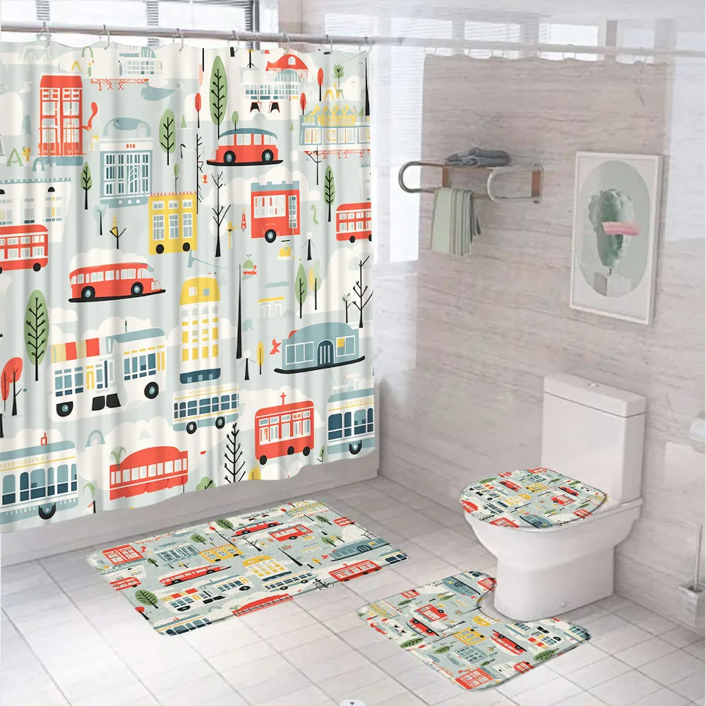 Cartoon Car Bathroom Set Shower Curtain City Transportation Car Kid Boys Girls Truck Bus Taxi Non-Slip Bath Mat Rug Toilet Cover