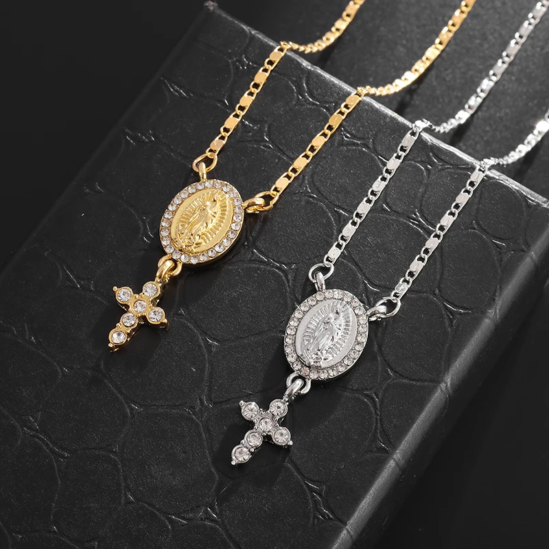 Classic Catholic Our Lady of Guadalupe Virgin Mary Statue Pendant with Cross Zircon Necklace Women's Prayer Jewelry