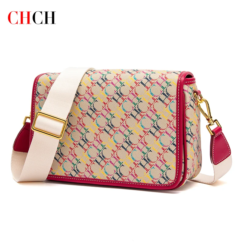 CHCH Women's Saddle Bag 2024 New Brand Letter Printed Flap Cross Shoulder Bag Retro Wide Shoulder Strap Single Shoulder Bag