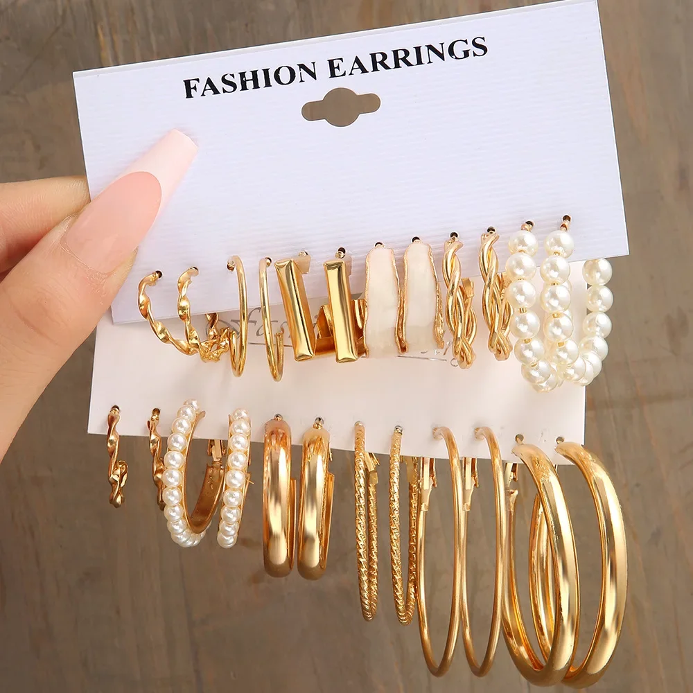 12 Pcs Boho Big Circle Hoop Earring Set for Women Gold Color Bohemia Vintage Pearl Square Earring Heart Zircon Ear Studs Jewelry