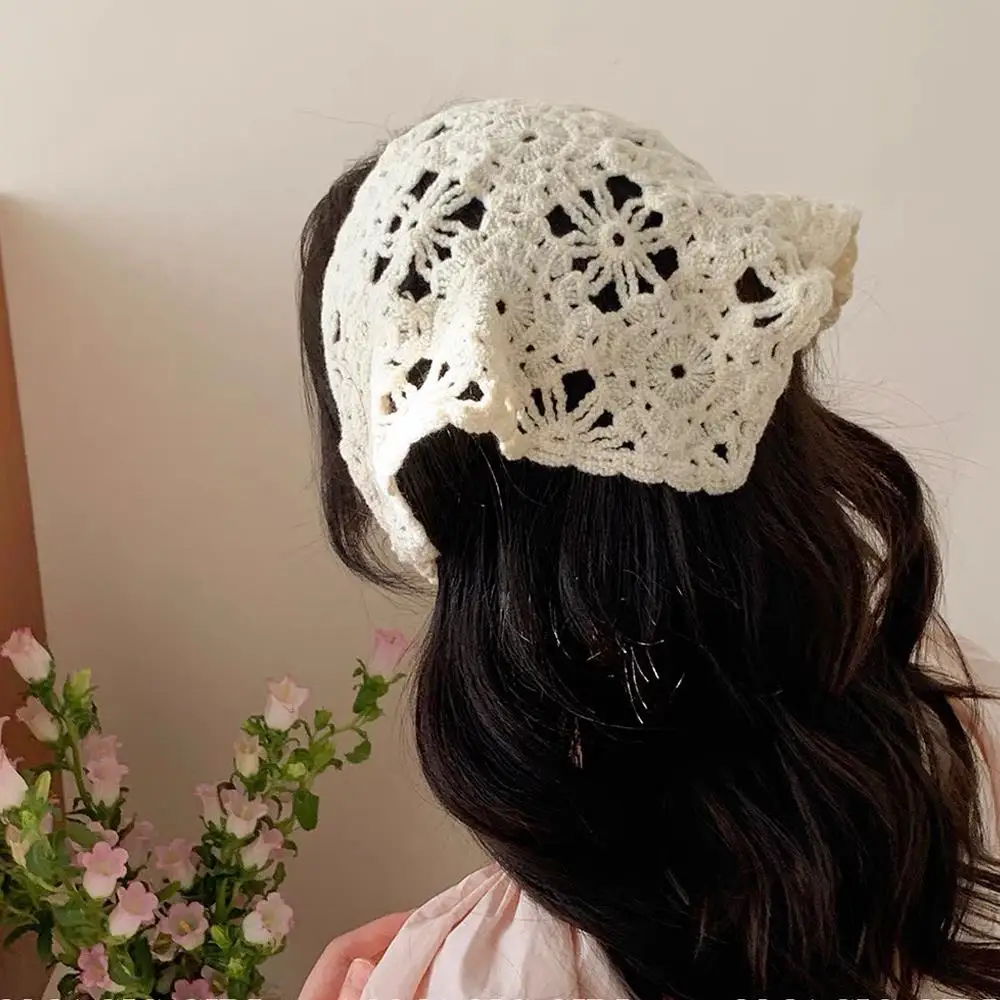 

HOT French Pastoral Style Triangle Headband Handmade Crochet Hollow Headbands Summer Travel Hair Scarf Retro Flower Headscarf