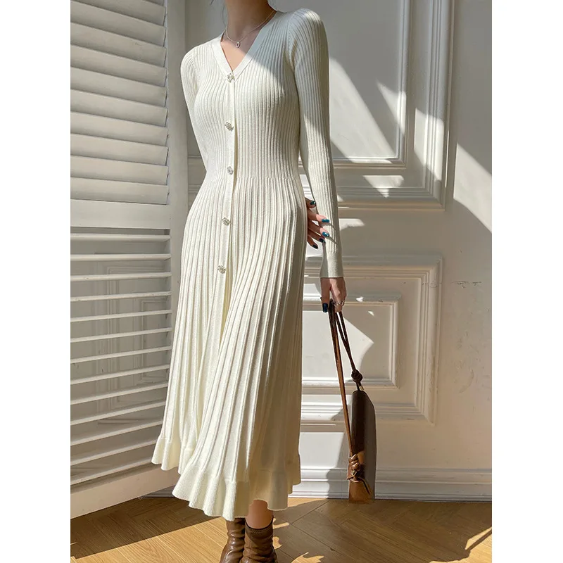 

Women Fashion Casual Knitted Midi Dress Sexy V-neck Long Sleeve Basic Sweater Dress 2024 Autumn Office Lady Elegant Slim Dresses