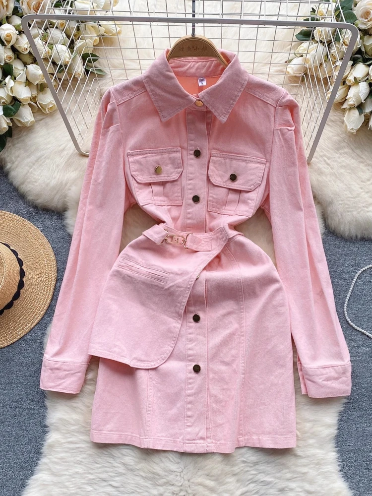 

Women Fashion Elegant Casual Vintage Denim Dress Spring Flip Collar Long Sleeve Single Breasted Slim Pink Party Robe vestidos