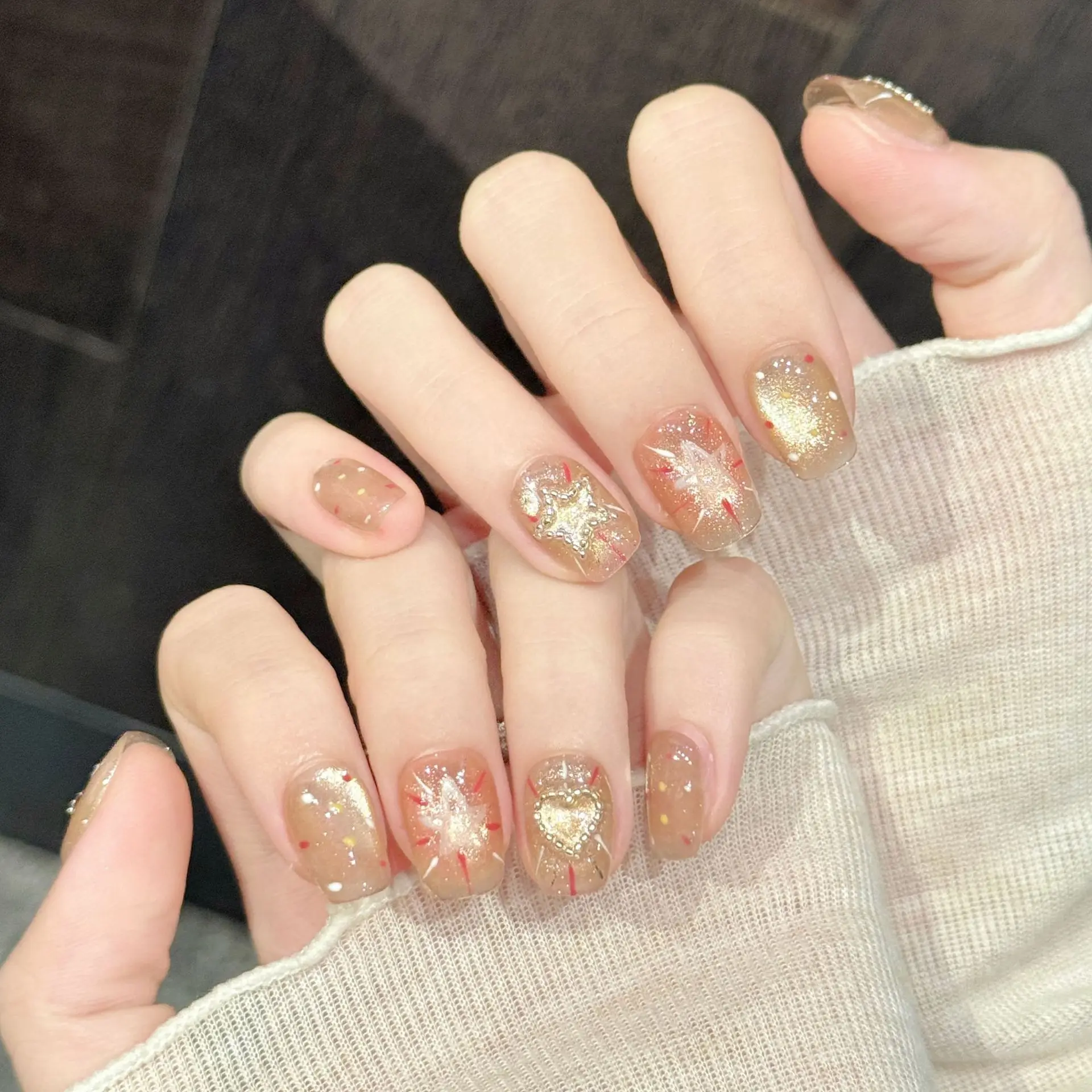 10pcs Handmade Glitter Star Y2k Nails Press On Nails Wearable Cats Eye Glitter False Nails Sweet Cool Style Manicure Nail Art