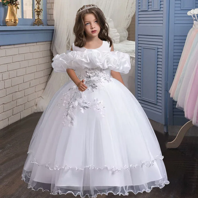 Abito da ragazza di fiore con applicazioni in pizzo champagne con spalle scoperte Abiti con volant in tulle a trapezio per bambini Abito da festa di compleanno per prima comunione
