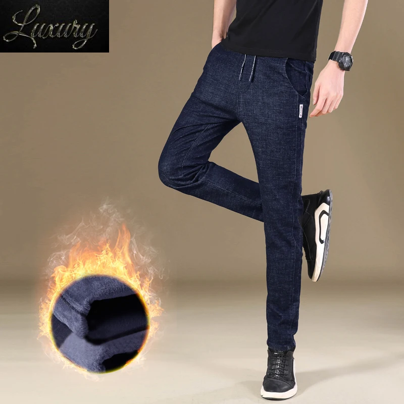 

Winter New Men's Clothing Fleece Casual Jeans Fashion Elastic Skinny Thickening Warm Male Denim Trousers