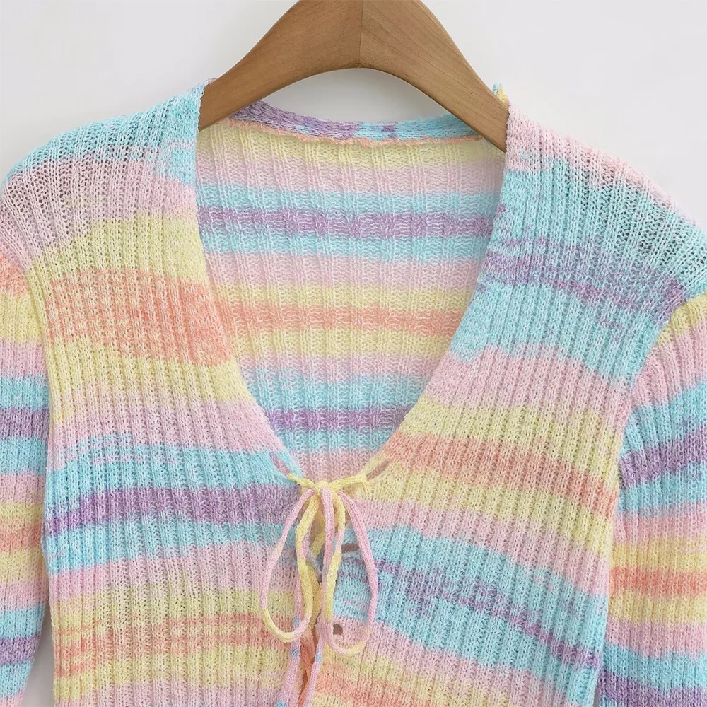 Camisola feminina moda gradiente arco-íris listra curto decote em v manga longa de malha outono nova camisola