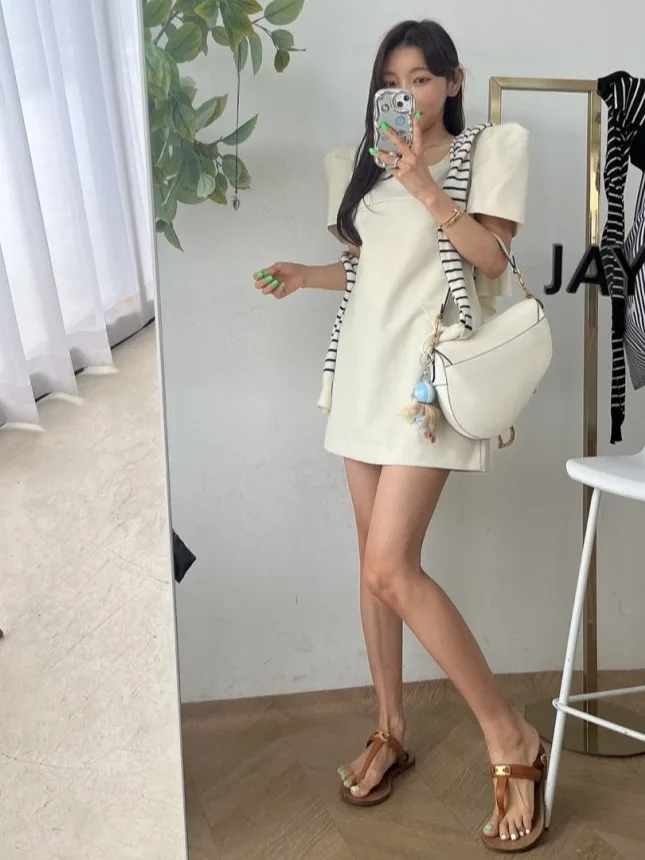 تنورة نسائية بتصميم A-Line صغيرة الحجم من أسيتات الخل المضاد للشيخوخة بأكمام فقاعية وطوق مربع، طراز صيفي جديد لعام 2025 من دو...