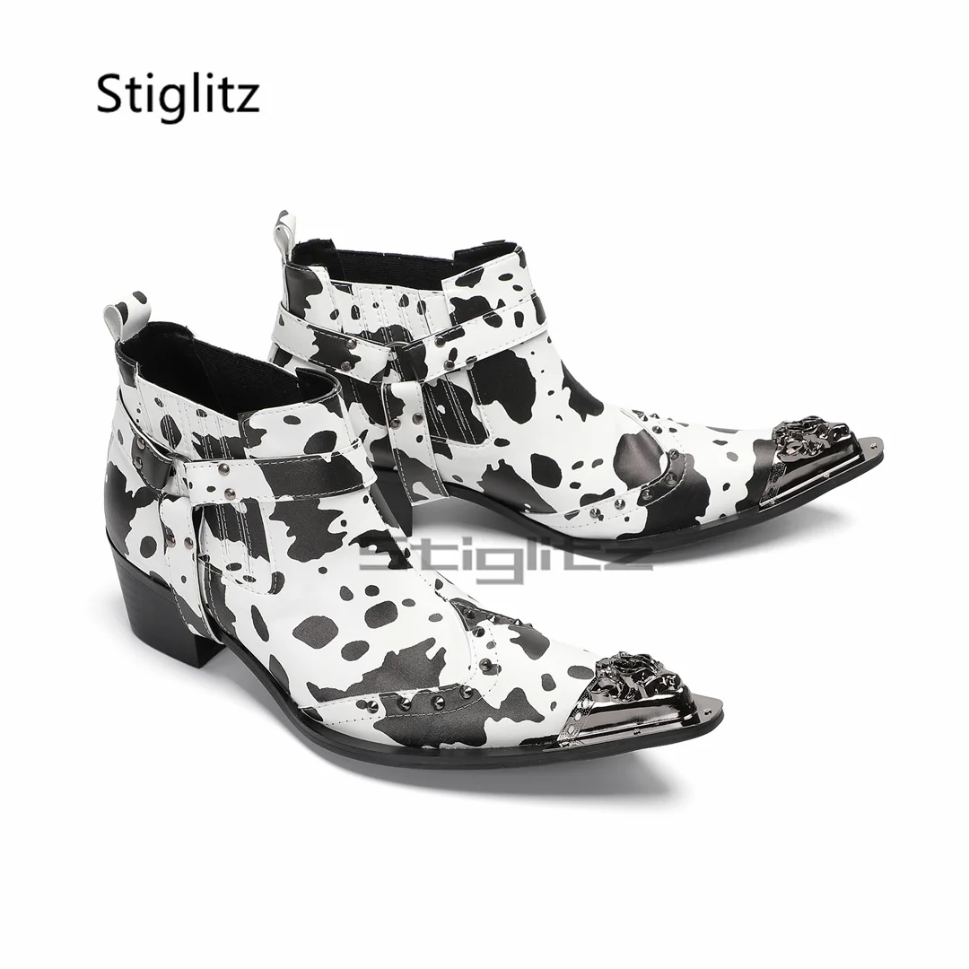 

Cow Print Ankle Boots for Men Buckle Strap Chelsea Boots Metal Toe Genuine Leather High Heels Rivets Boots Party Dress Shoes