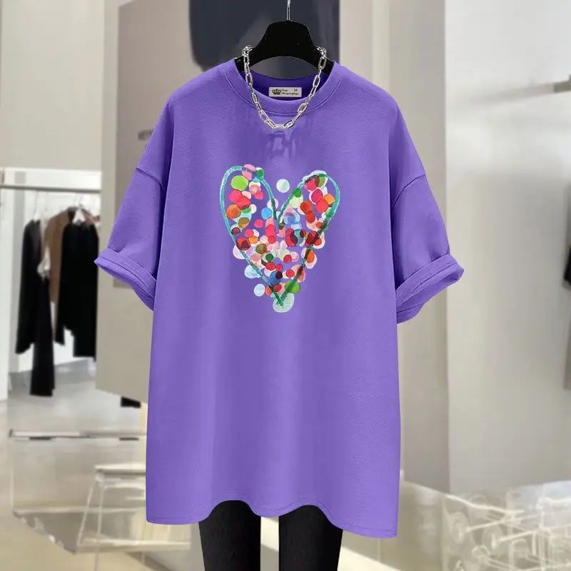 Summer Love Printed Pure Cotton Short Sleeve T-shirt Women Casual Loose O-neck Tees Basic Chic Tops