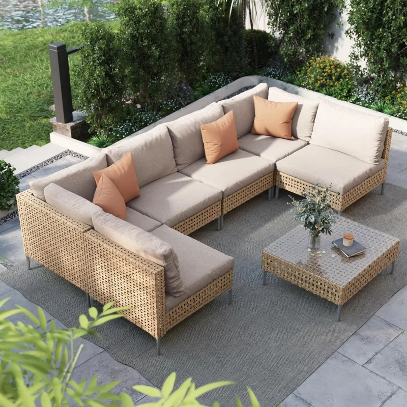 

-Piece Boho Wicker Patio Furniture Set, Outdoor Conversation Sectional Sofa with Thick-Resistant Cushions & Coffee Table