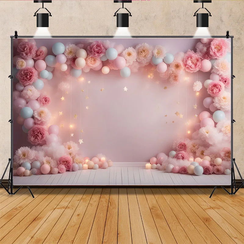 

Pink Bear Digital Background for Baby Birthday Cake Smash Studio Photography Backdrops with Pastel Pink Star Background TD-01