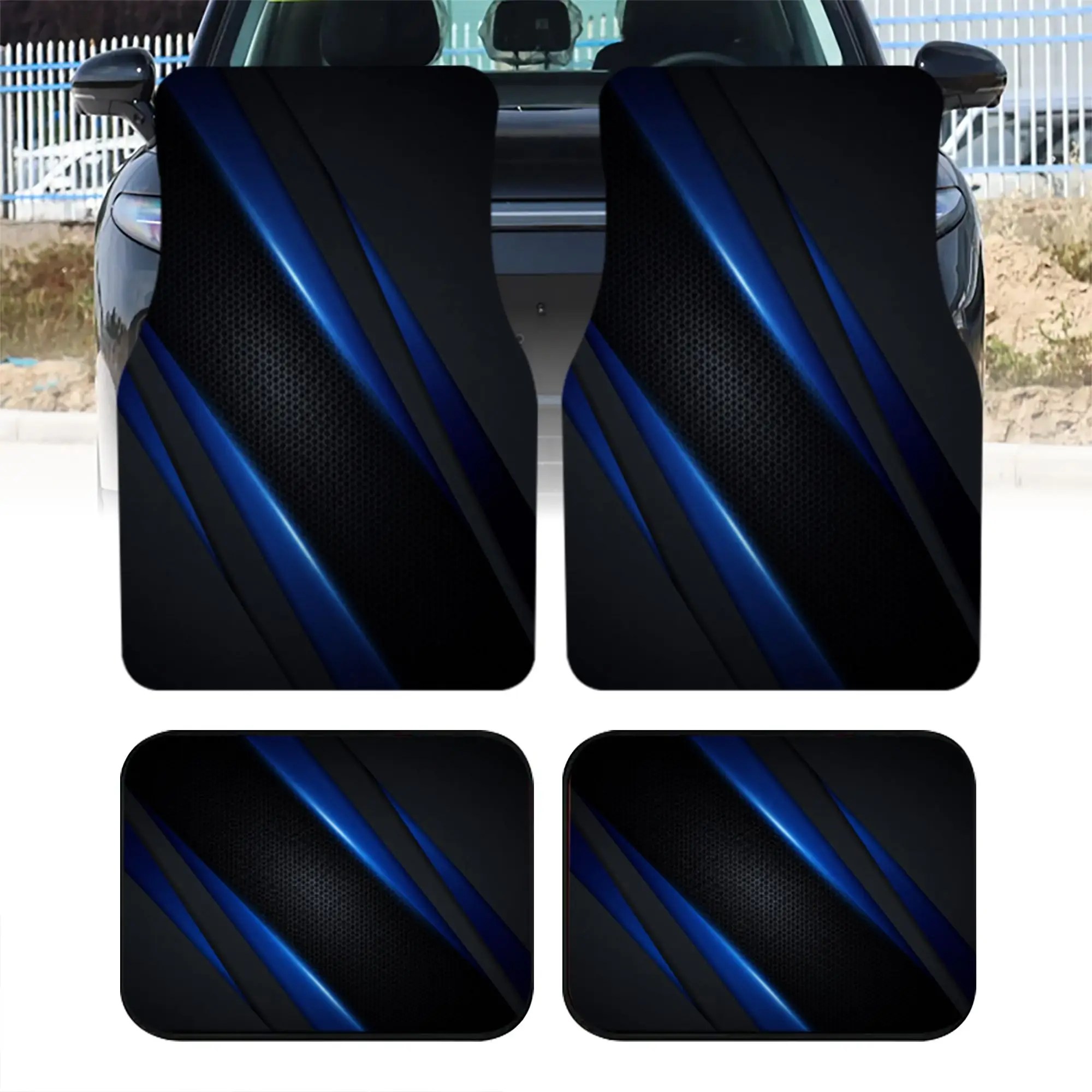 2pcs/4pcs Polyester Set, Blue Diagonal Stripe Print Car Floor Mats, Stylish Universal, Premium Look For Interior Decoration