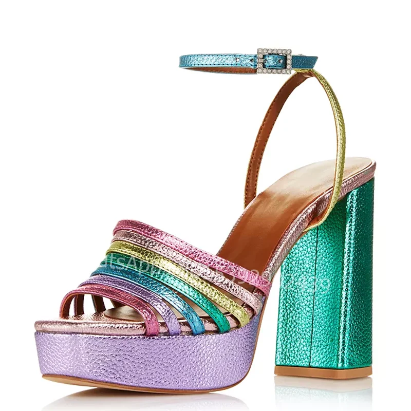 New Red Gradient Rainbow Striped Heels Block Open Buckle Sandals Light Purple Platform Bling Wrap Mixed Colors Sexy Party Shoes