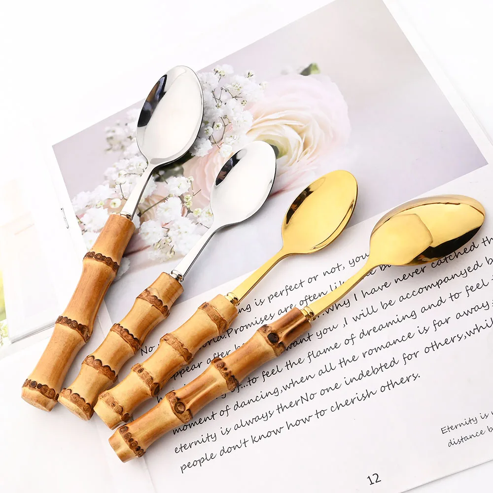 Drmfiy 6Pcs Natural Bamboo Handle 304 Dinnerware Set Stainless Steel Cutlery Set Upscale Knife Dessert Fork Spoon Tableware Set