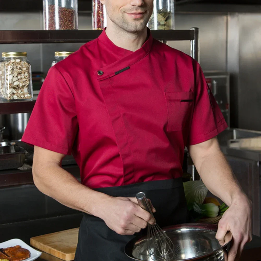 Uniforme de Chef Unisex, ropa de trabajo de cocinero para Hotel y cafetería, camisa transpirable de manga corta, chaqueta de Chef de doble botonadura, Tops para hombres