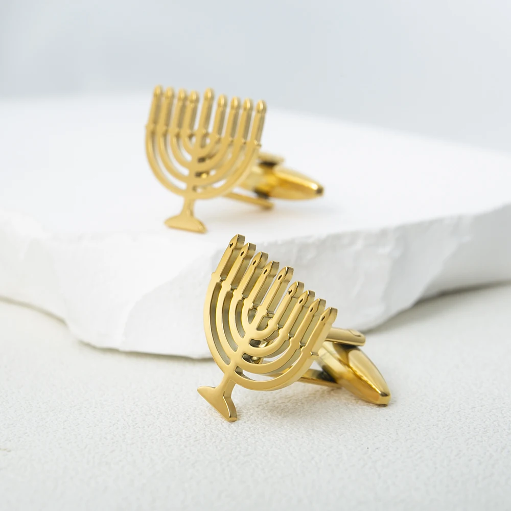 Jewish Menorah Cufflinks for Mens Stainless Steel Shirt Suit Buttons Cufflinks God Shabbat Wedding Accessories Religious Jewelry